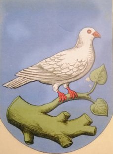 Byvåben med en hvid due siddende på en grøn gren med blå baggrund